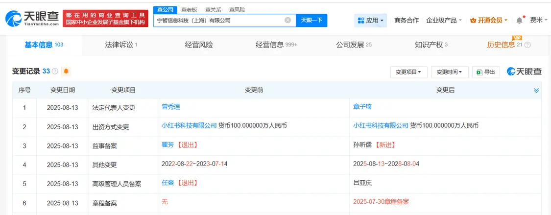 曾秀莲退出小红书旗下多家公司 多位主要人员出现变更